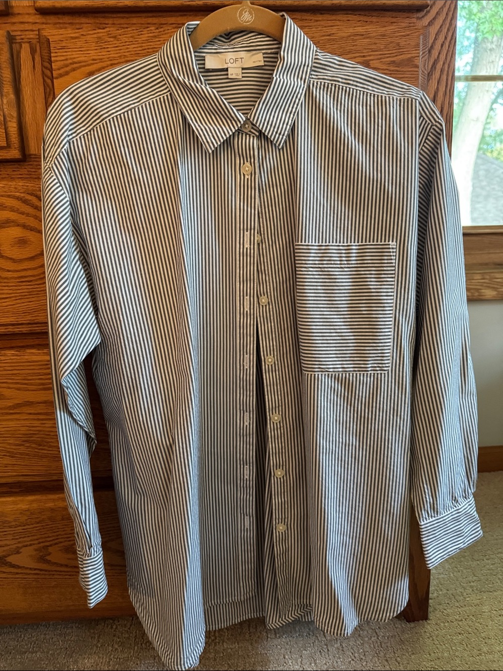 LOFT Blue and White Vertical Stripe Button-Down Shirt